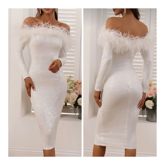 Dressalisa Elegant White Feather Sequin Off-Shoulder Bodycon Dress Size Medium - Picture 1 of 8